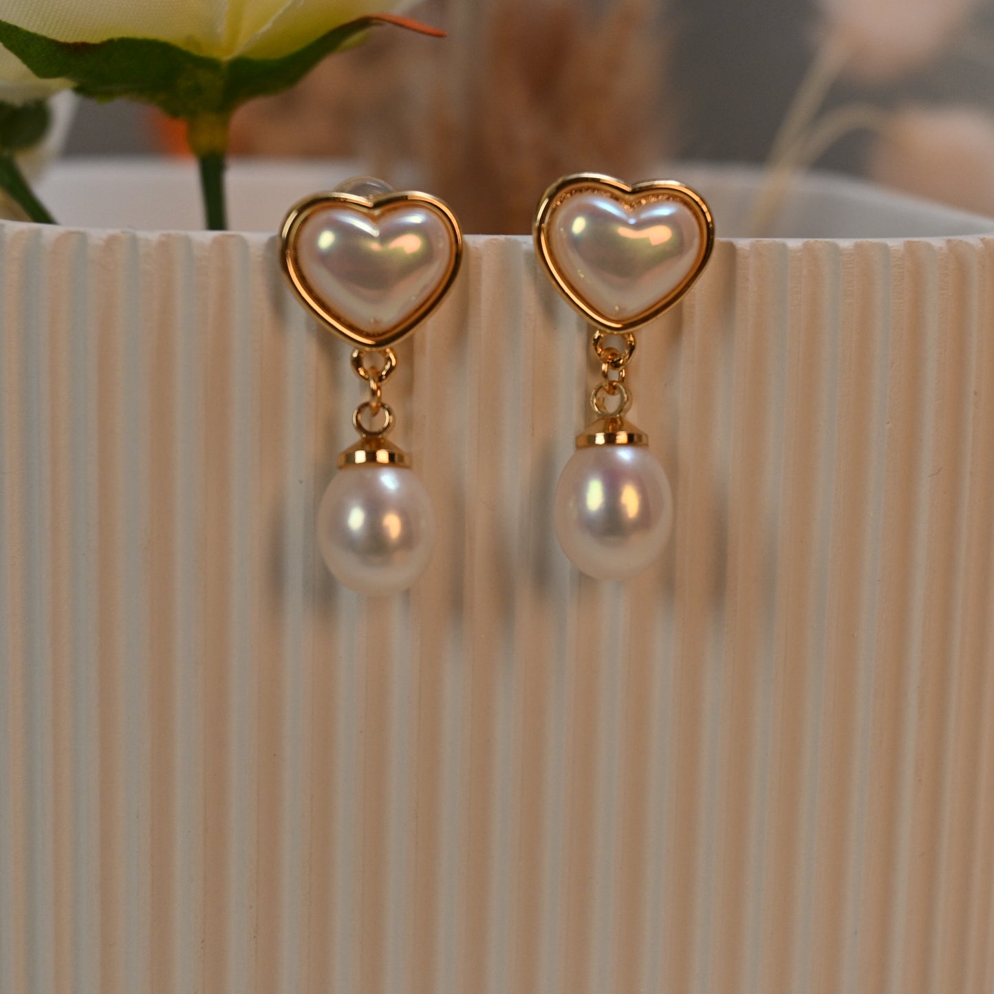 Golden Heart Pearl Drop Earrings