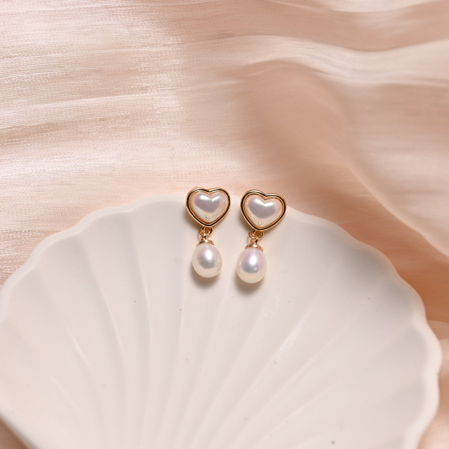 Golden Heart Pearl Drop Earrings